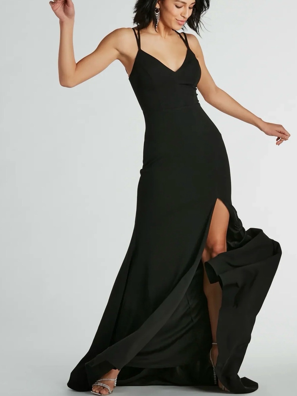 Black V-Neck Spaghetti Strap Evening Gown with Front Slit